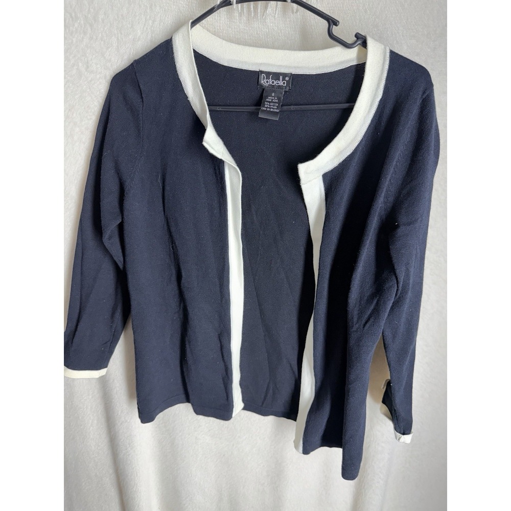 Rafaella Cardigan Womens S Navy White Trim Open Bow Tie Cuff Cotton Nylon